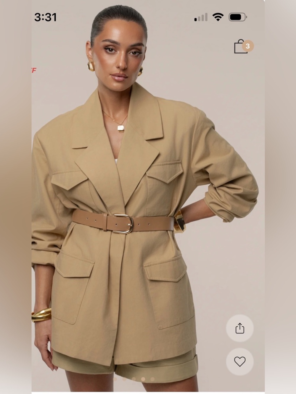 Woven Utility Blazer Jacket in Beige with belt